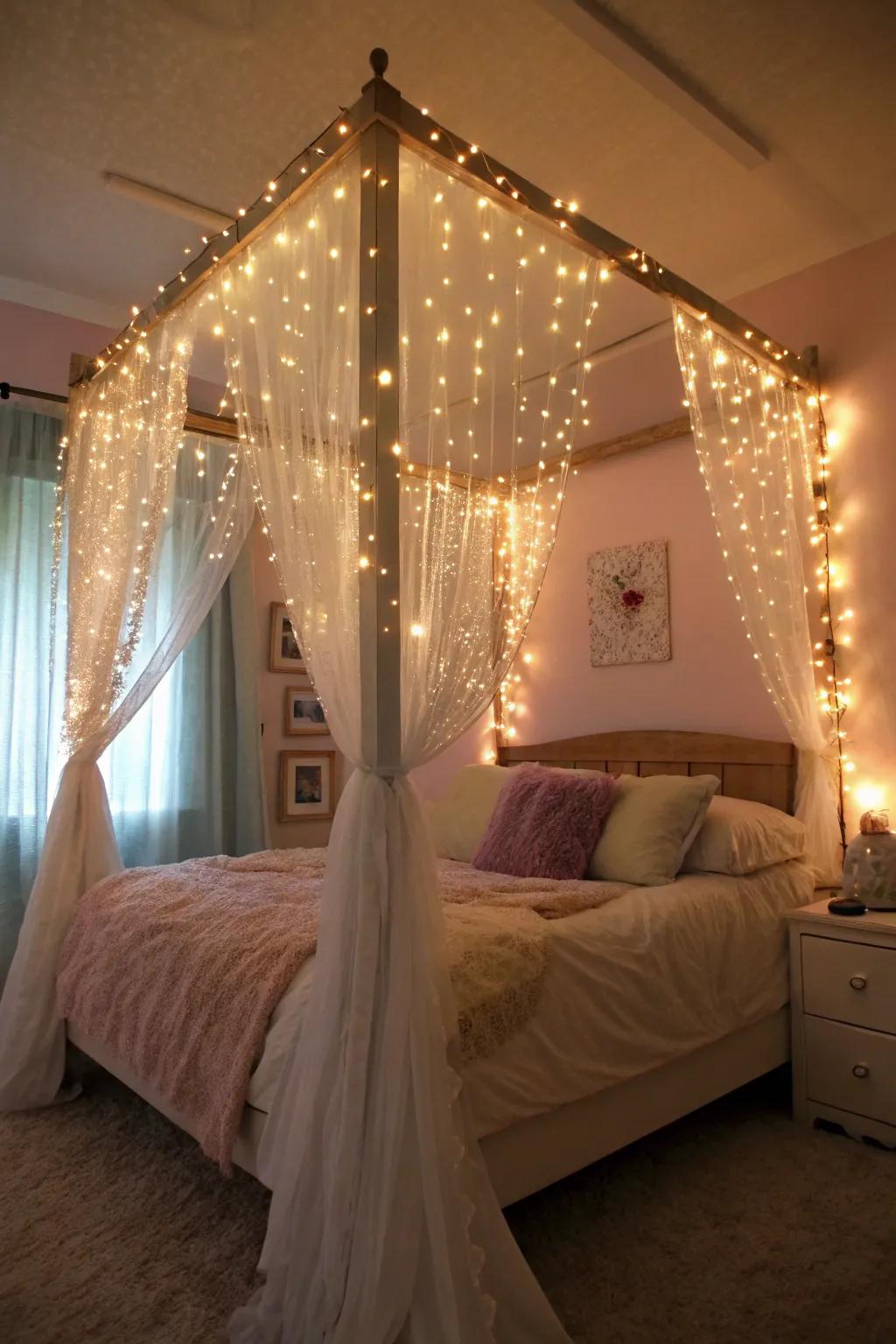 Ethereal twinkle lights bestowing warmth and fascination upon a pavilion bed.