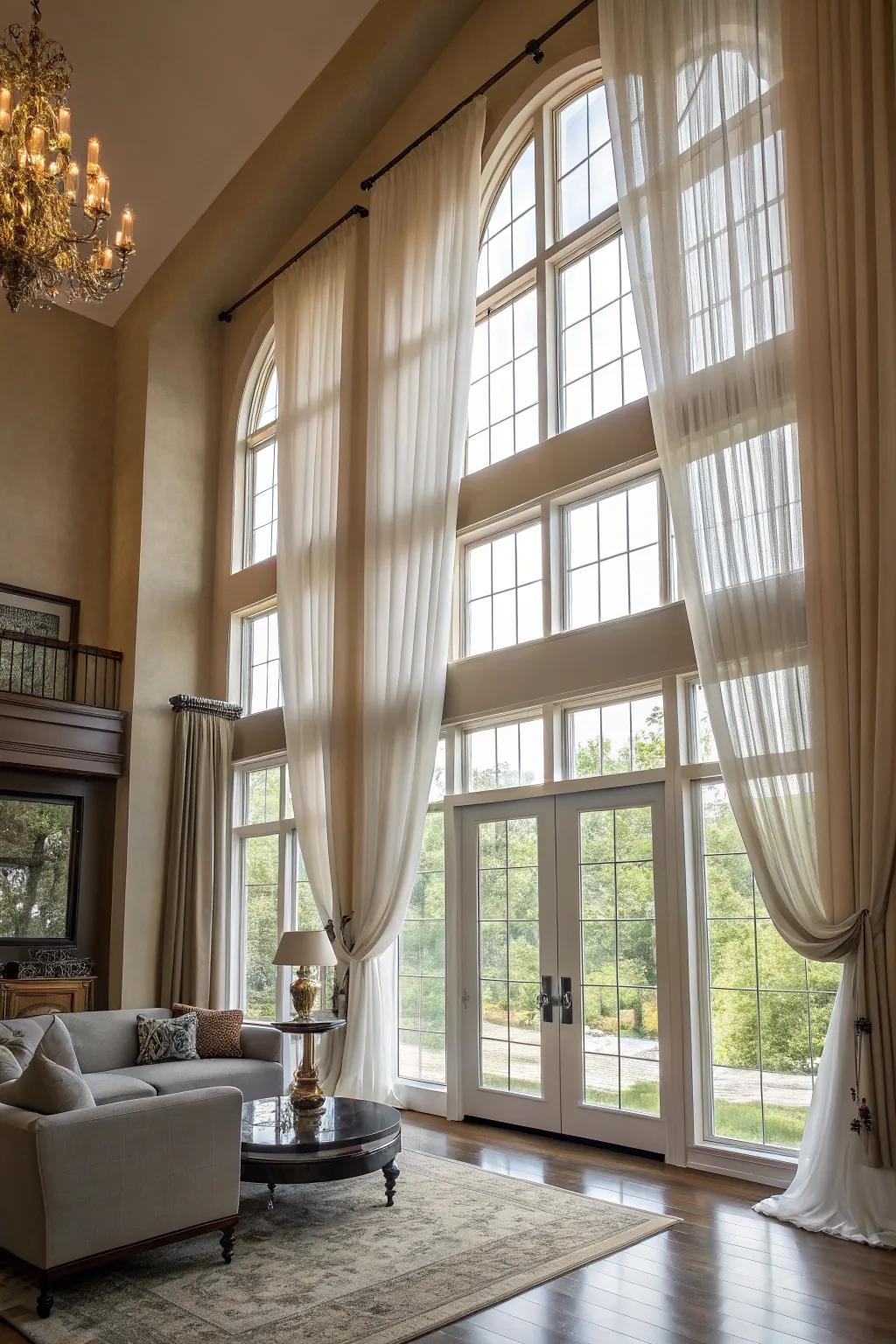 Stratified window dressings enrich tall windows with depth and sophistication.
