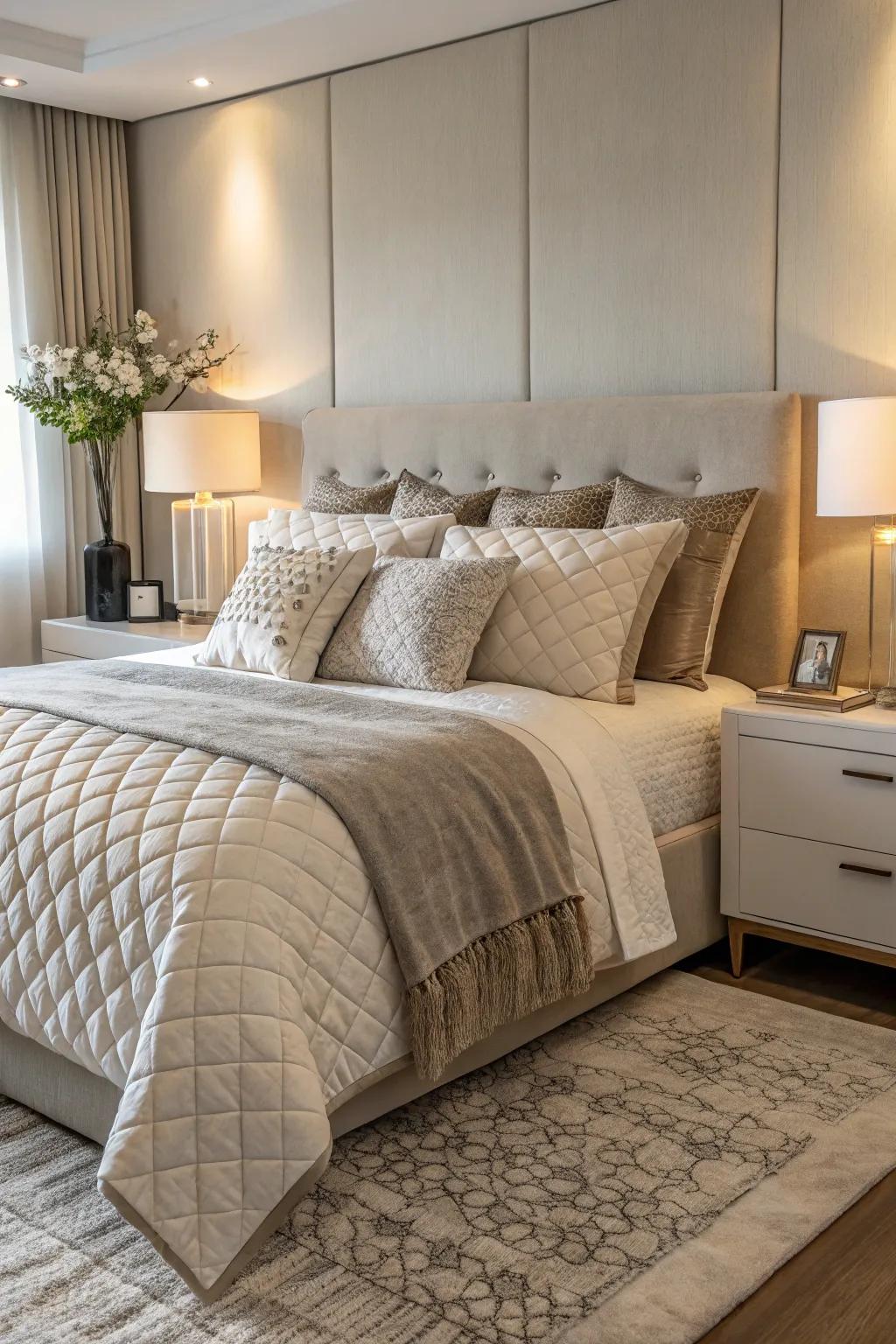 Contemporary bedding featuring layered textures enhances both comfort and flair