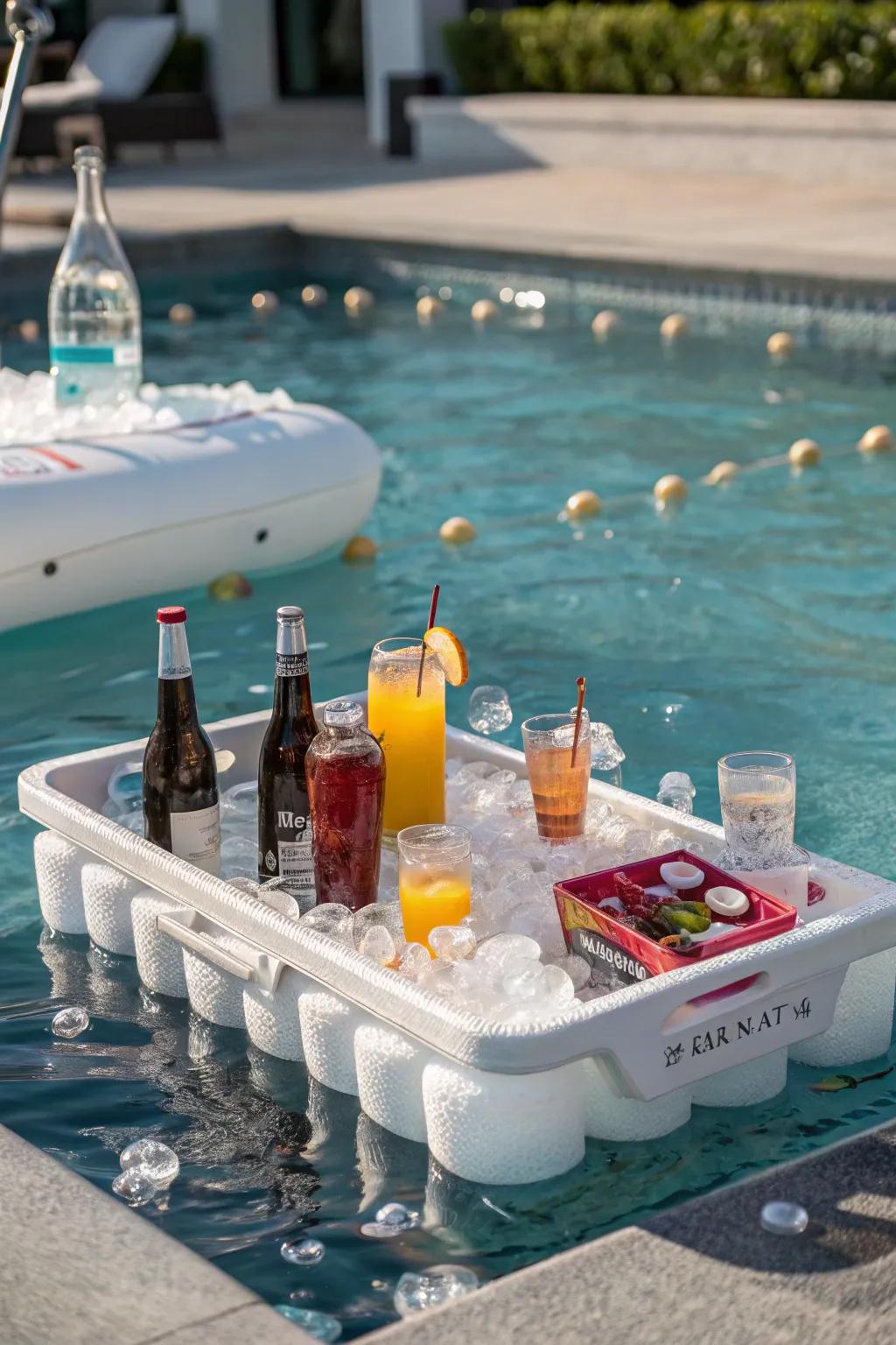 A drifting refreshment station maintains refreshments conveniently near as you enjoy the water.