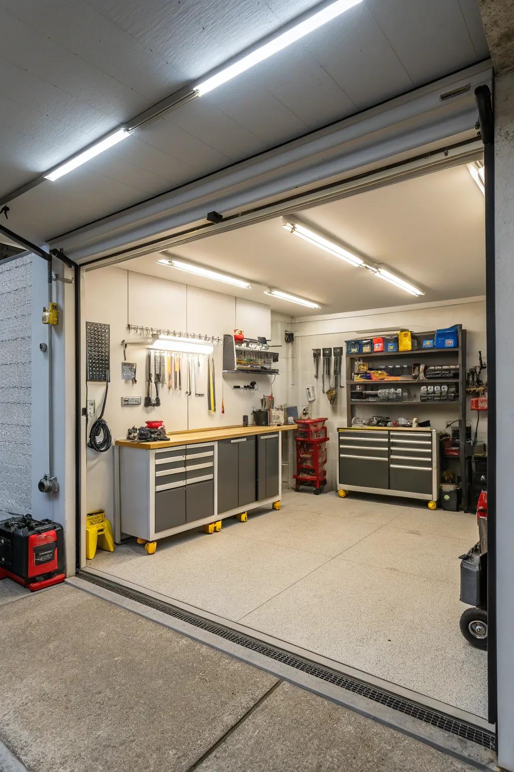 Bright lighting improves safety and usability in your garage.