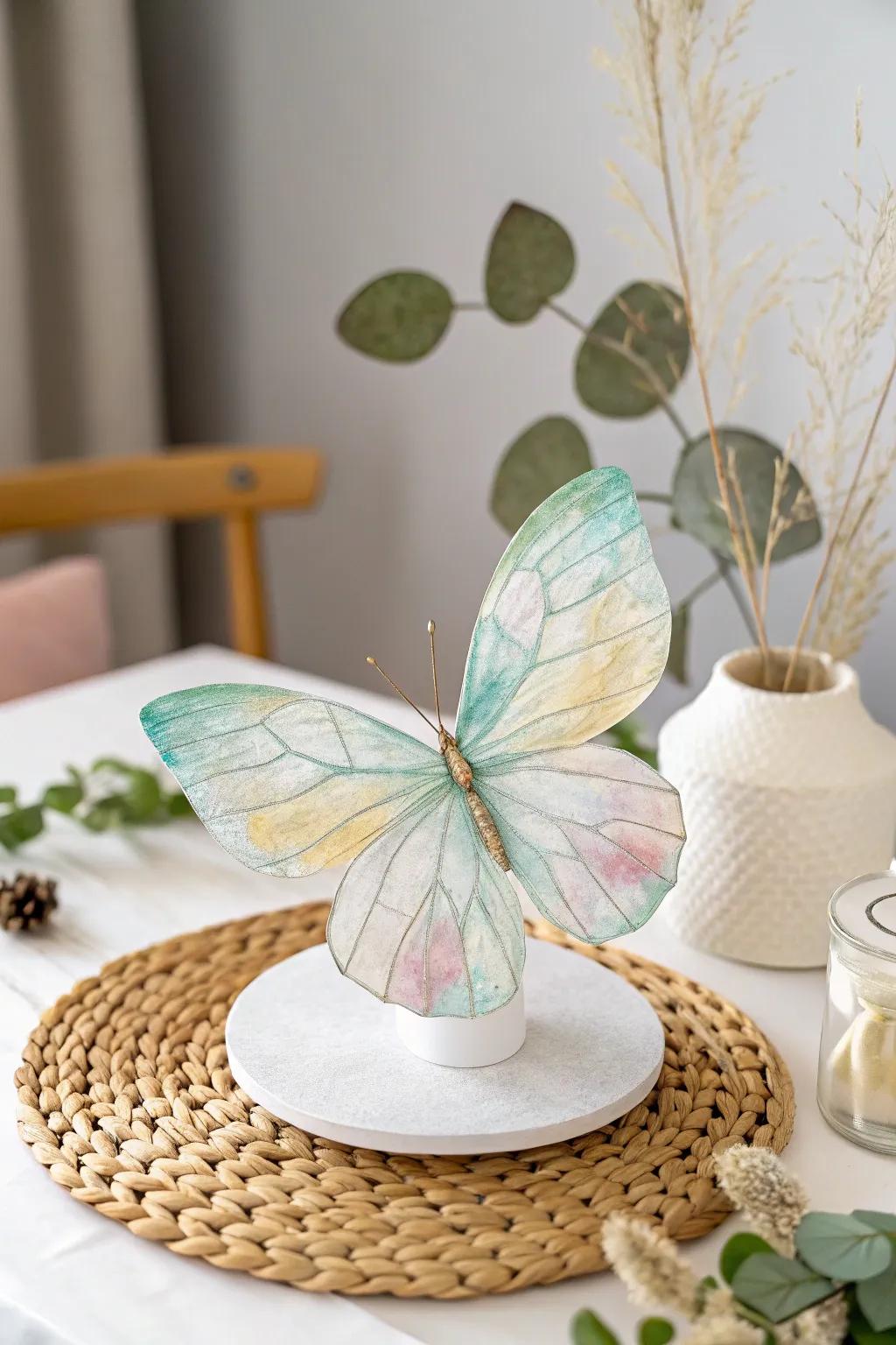 Subtle beauty: A handcrafted liquid filter butterfly offers a touch of simple charm and vivid color to your area.