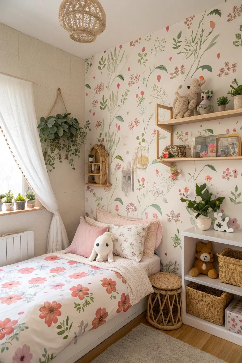 A serene bedroom featuring floral and nature motifs for a touch of tranquility.