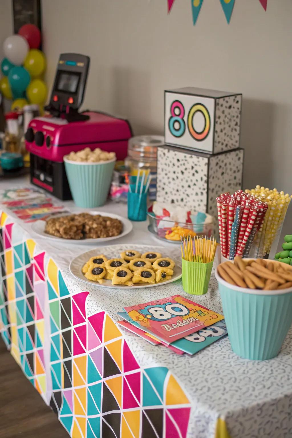 Geometric patterns showcased on tablecloths breathe life into the 80s aesthetic.