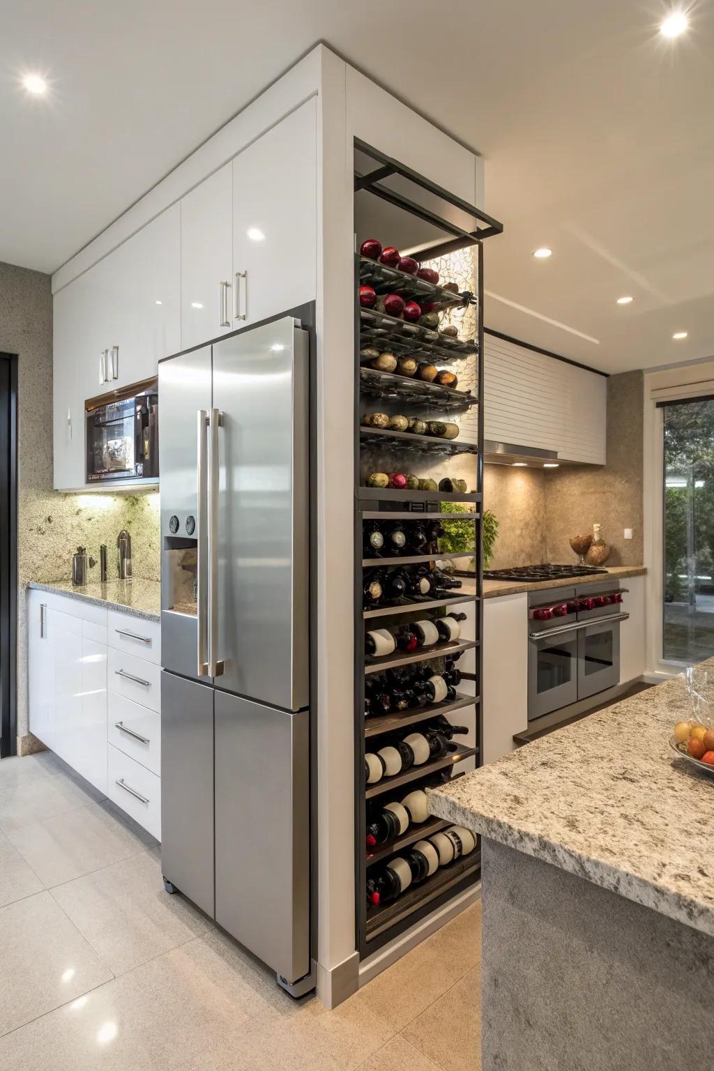 A wine rack atop the fridge becomes an eye-catching centerpiece.