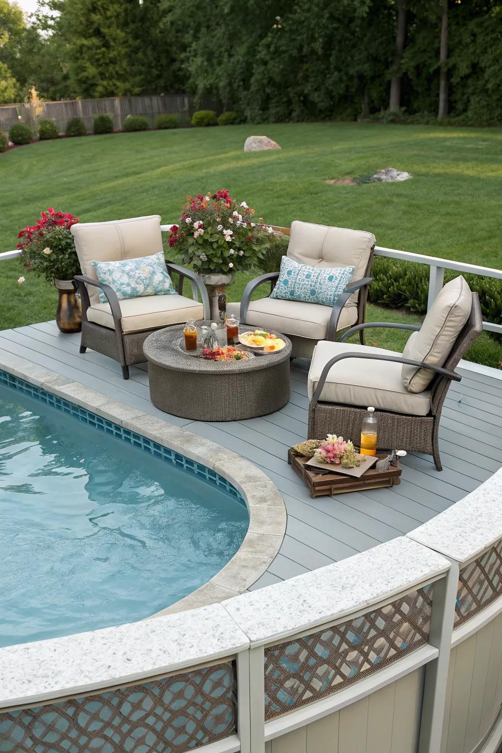 Craft a cozy escape with inviting seating adjacent to the pool.