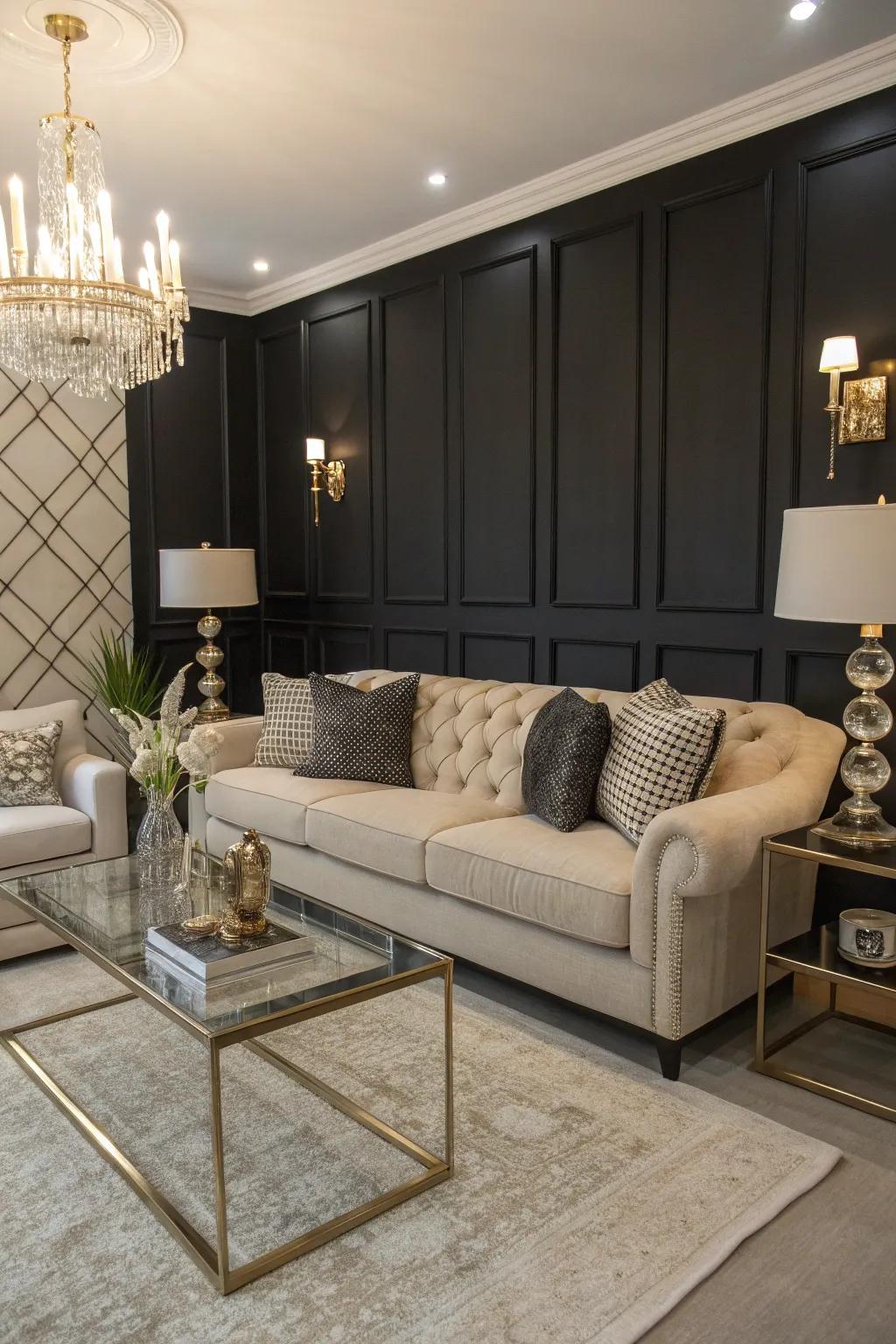 An elegant sitting room with a noir enhancement.