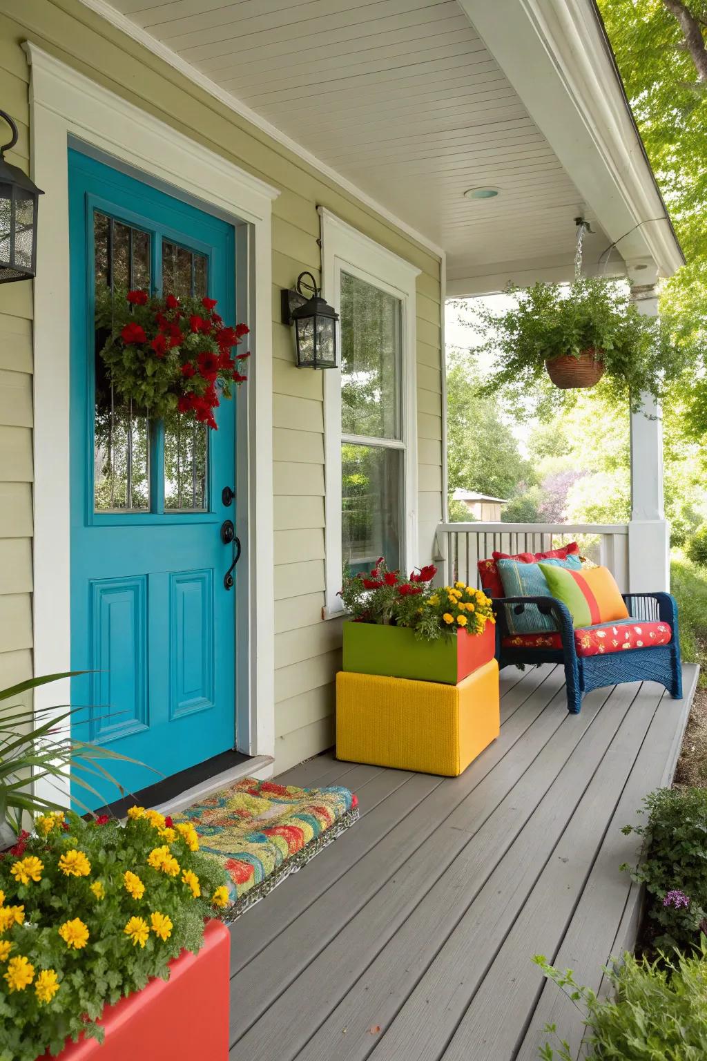 A dynamic front porch showcasing a bright and cheerful spectrum of colors.