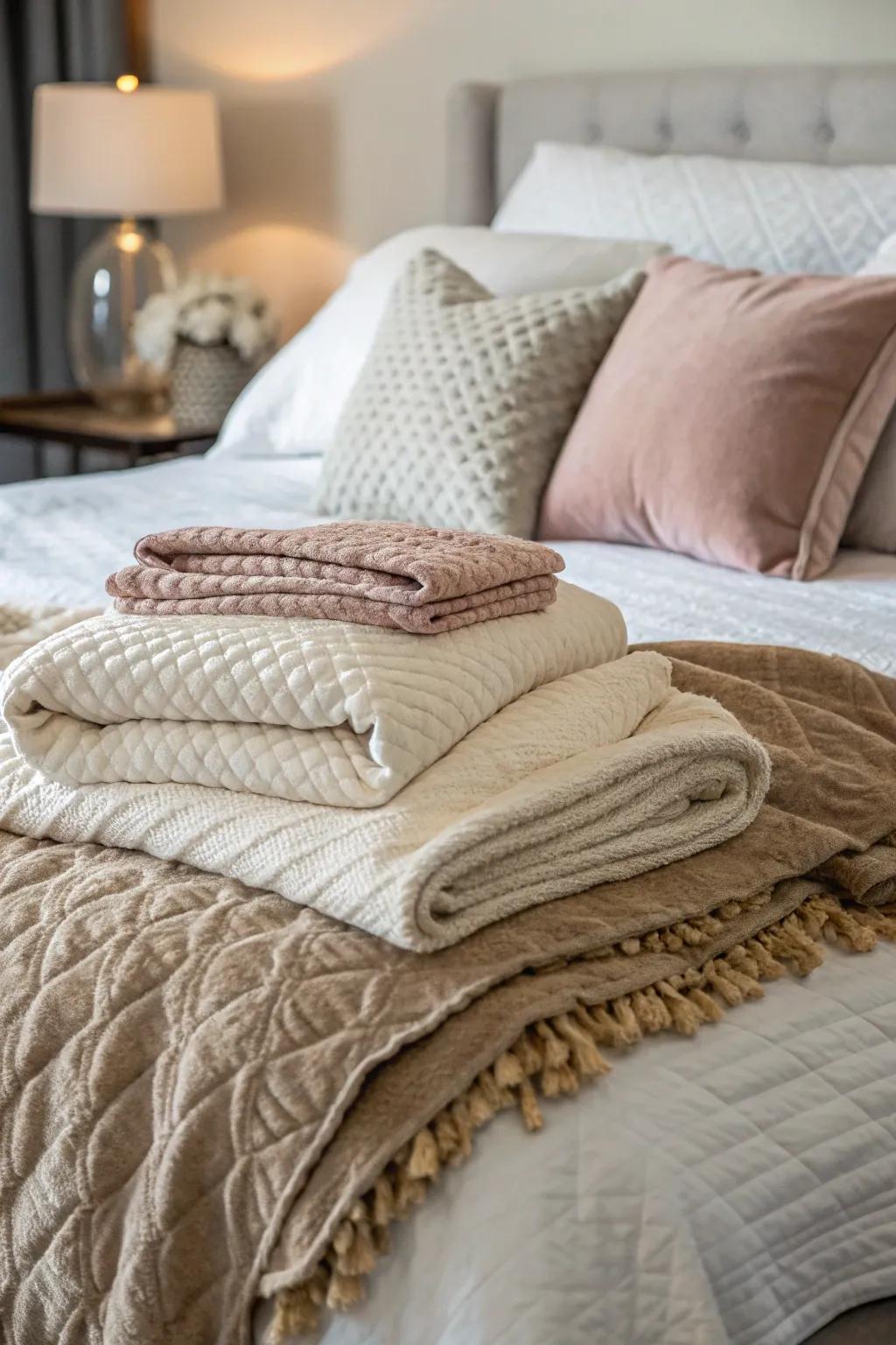 Layered linen with delicate textures creates a comfortable bed.