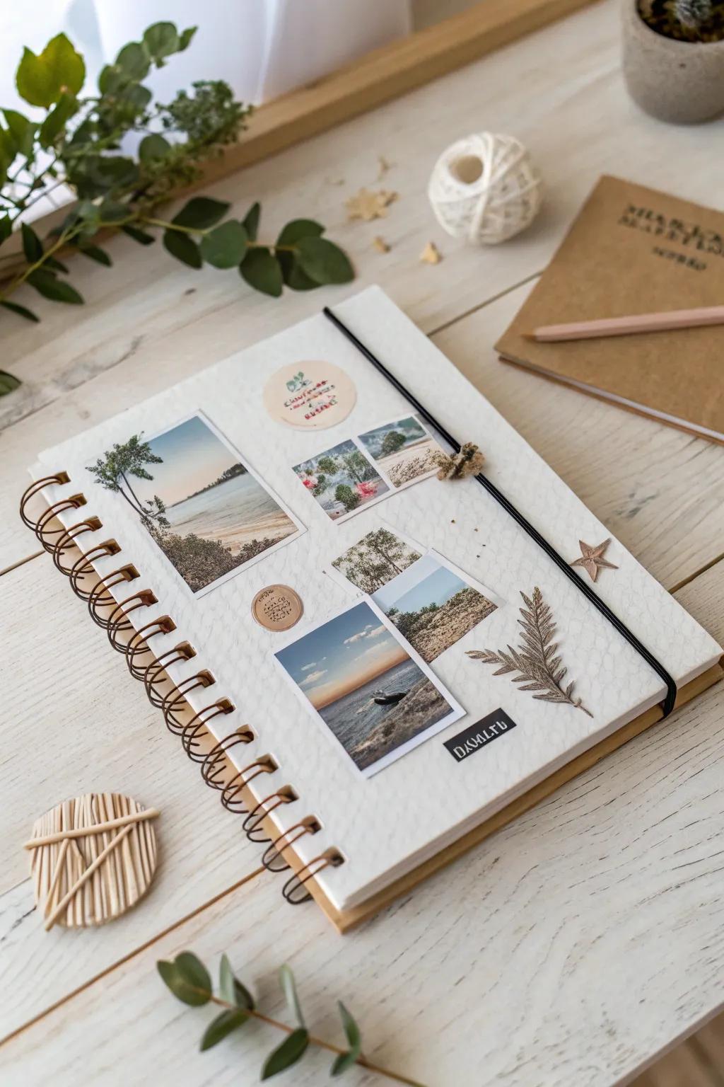 Fabricate your narrative: A minimalist notebook showcasing a singular collage cover that encapsulates your individual odyssey.