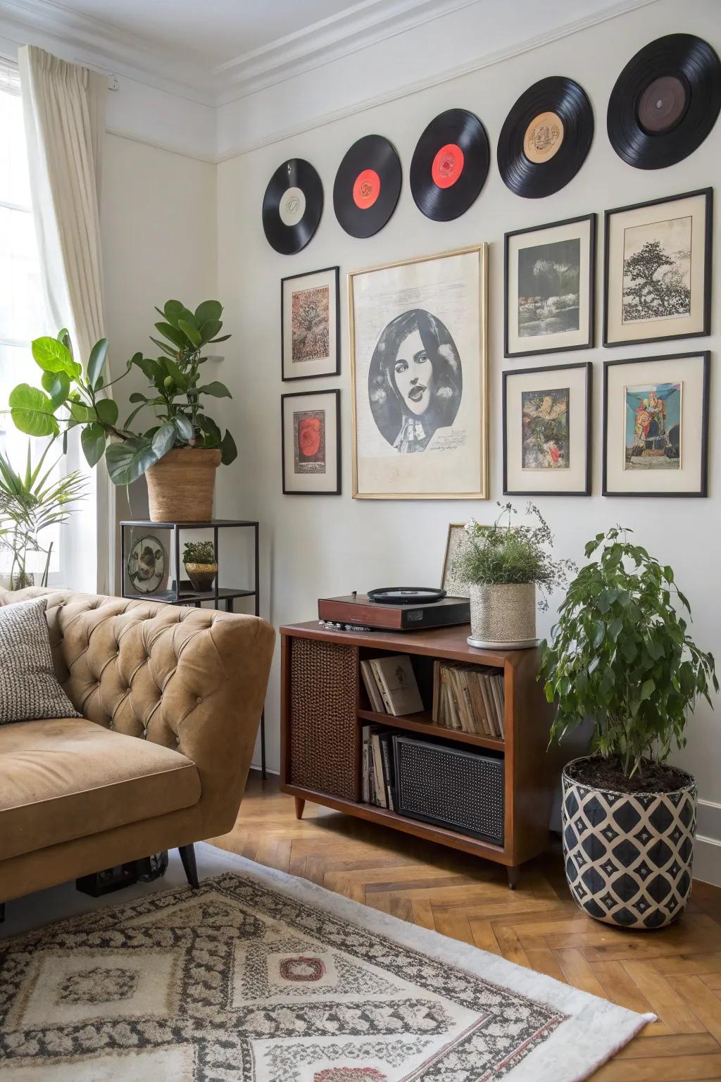 Vinyl records displayed alongside art and plants for a touch of personalization.