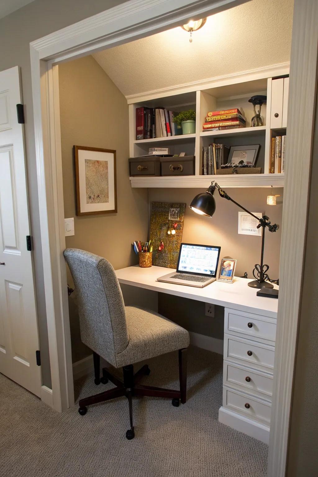 A practical home office tucked into an alcove.
