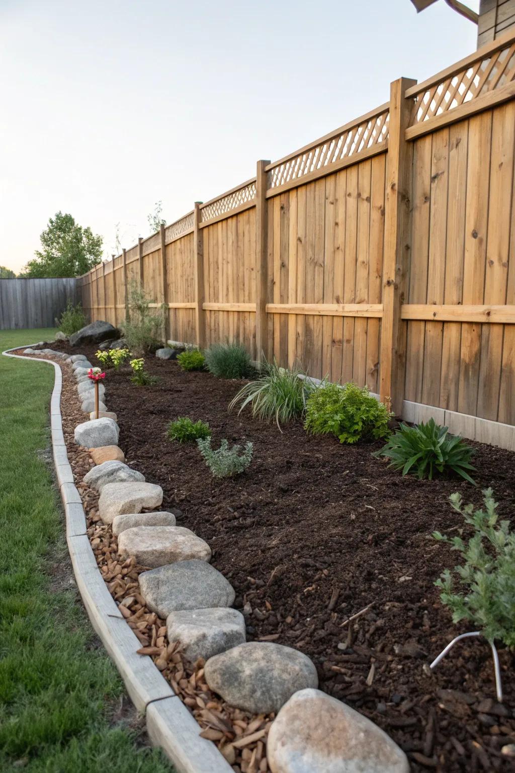 Mulch and borders elegantly delineate the garden area.
