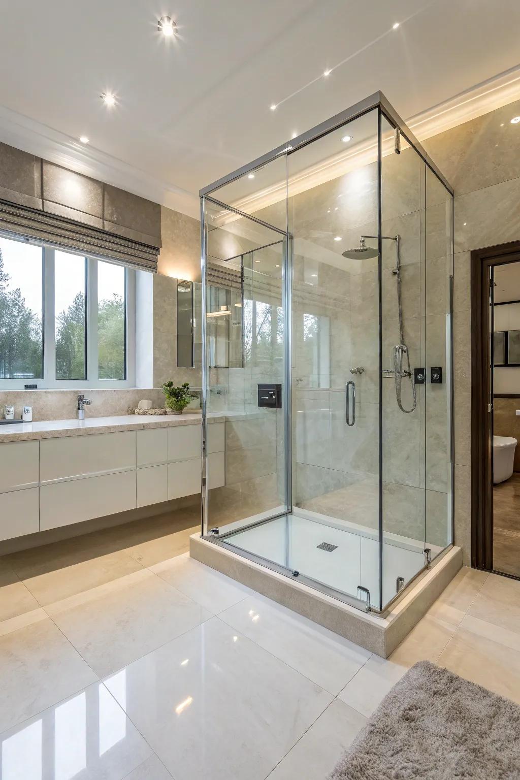 Glass showers lend a contemporary feel and broaden the area.