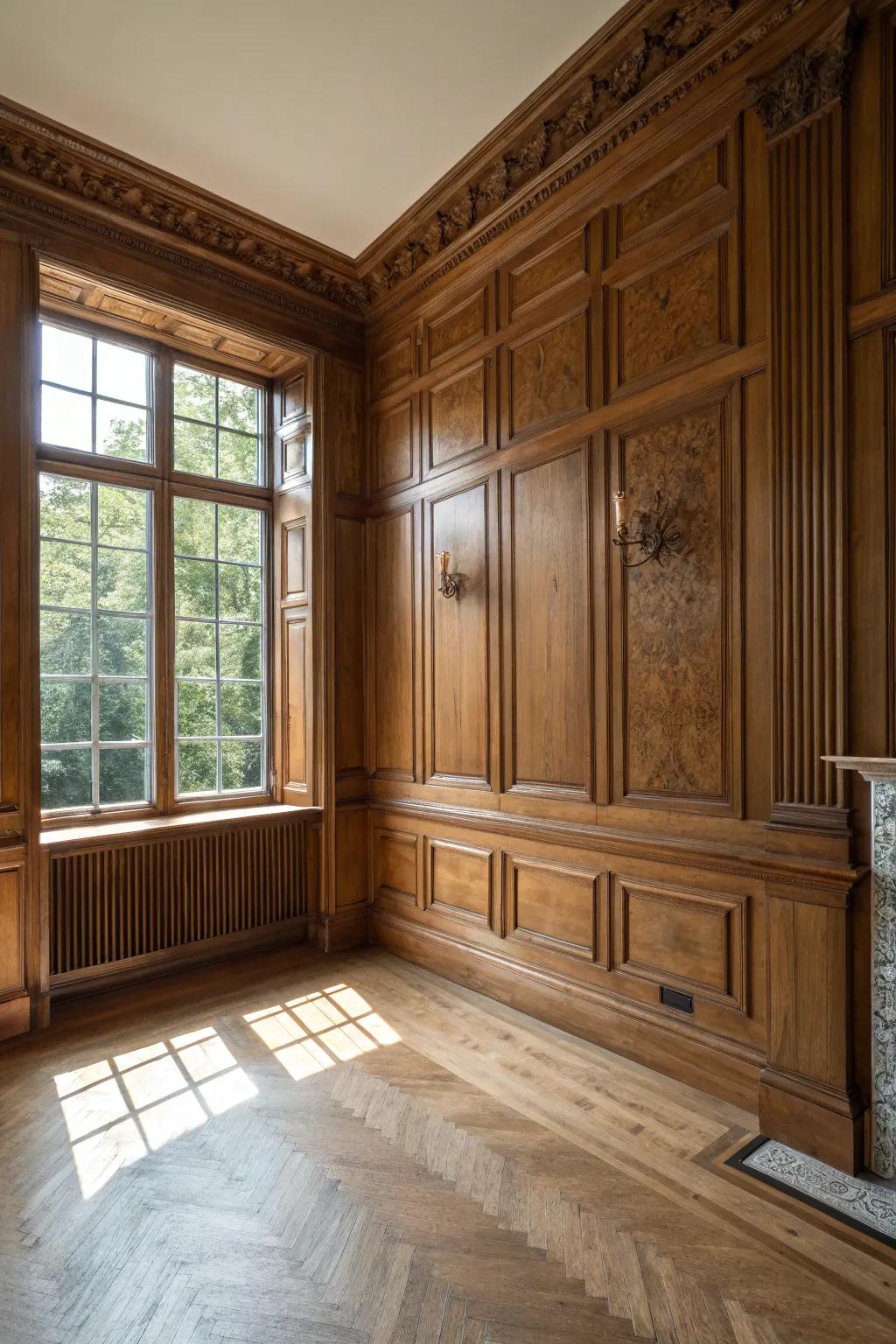 Timber wall planks contributing warmth and texture to a colonial-style area.
