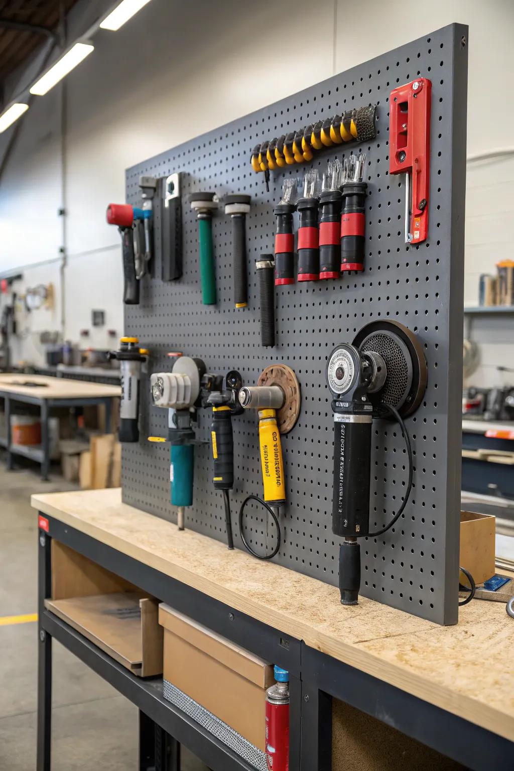 Pegboard storage featuring bespoke hangers for adaptable angle grinder arrangement.
