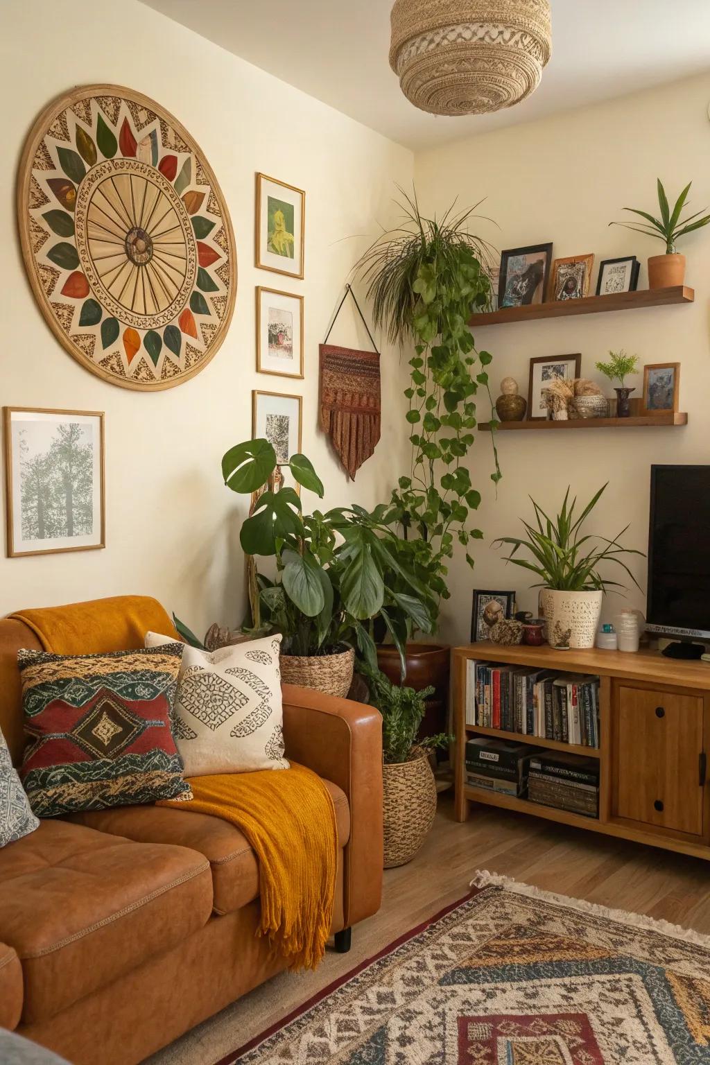 Ornamental elements like artworks and plants add character to this living space.