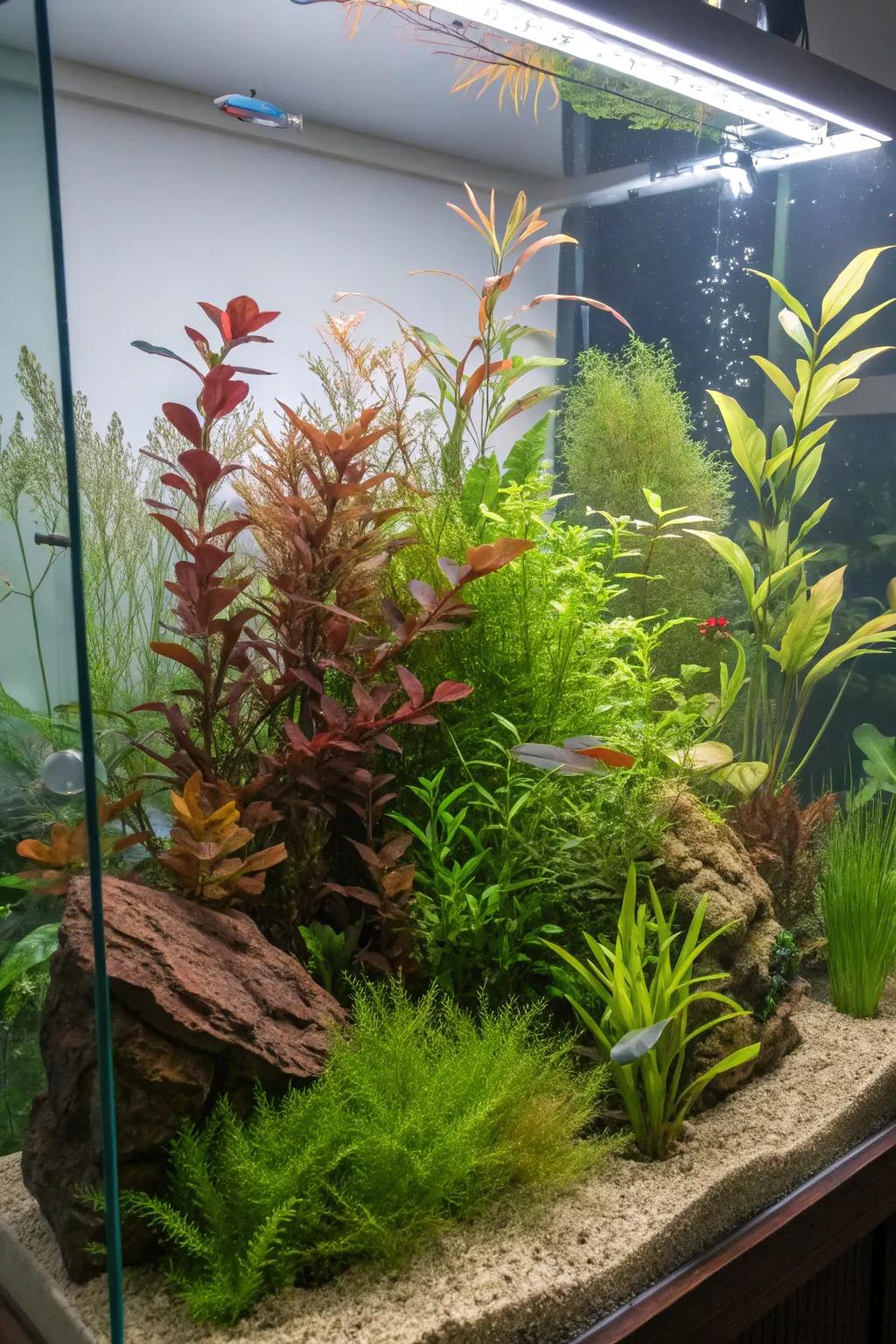 Live plants create a lush, green underwater wonderland.