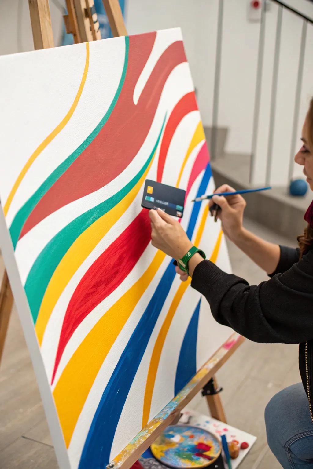 Utilize a credit card to produce vibrant, sweeping lines on your canvas.