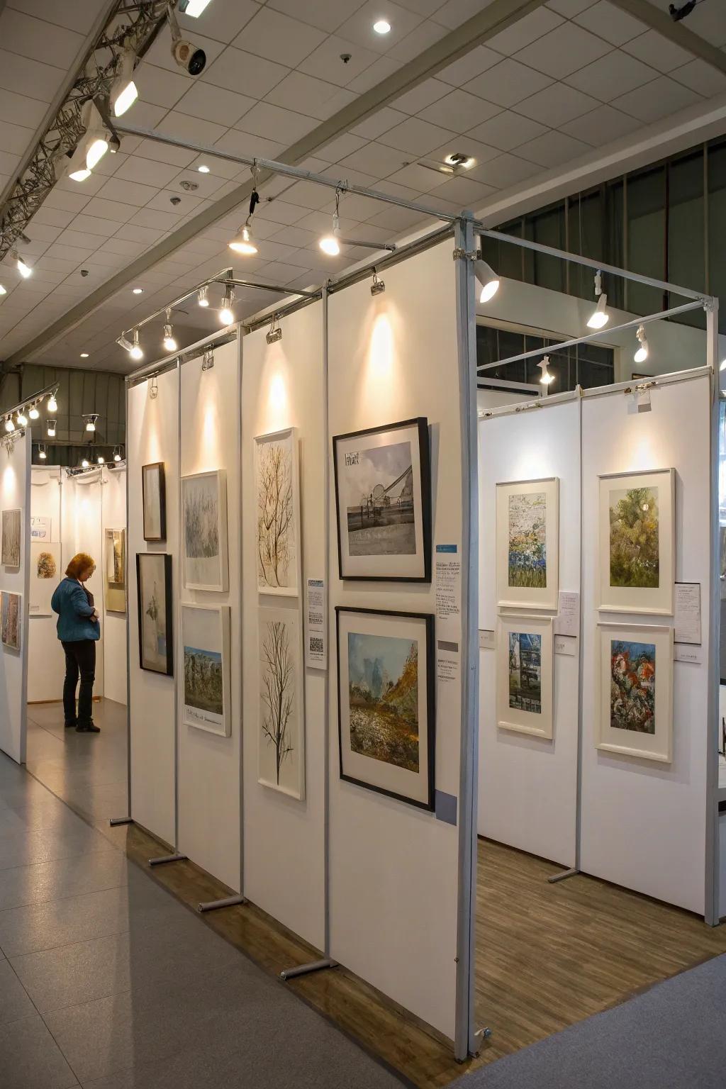 Art pieces elegantly presented on hanging screens.