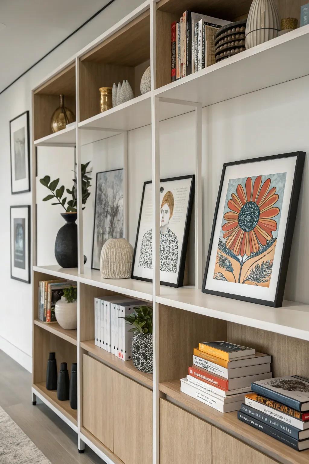 An exquisite shelf arrangement showcasing art prints alongside decorative elements.