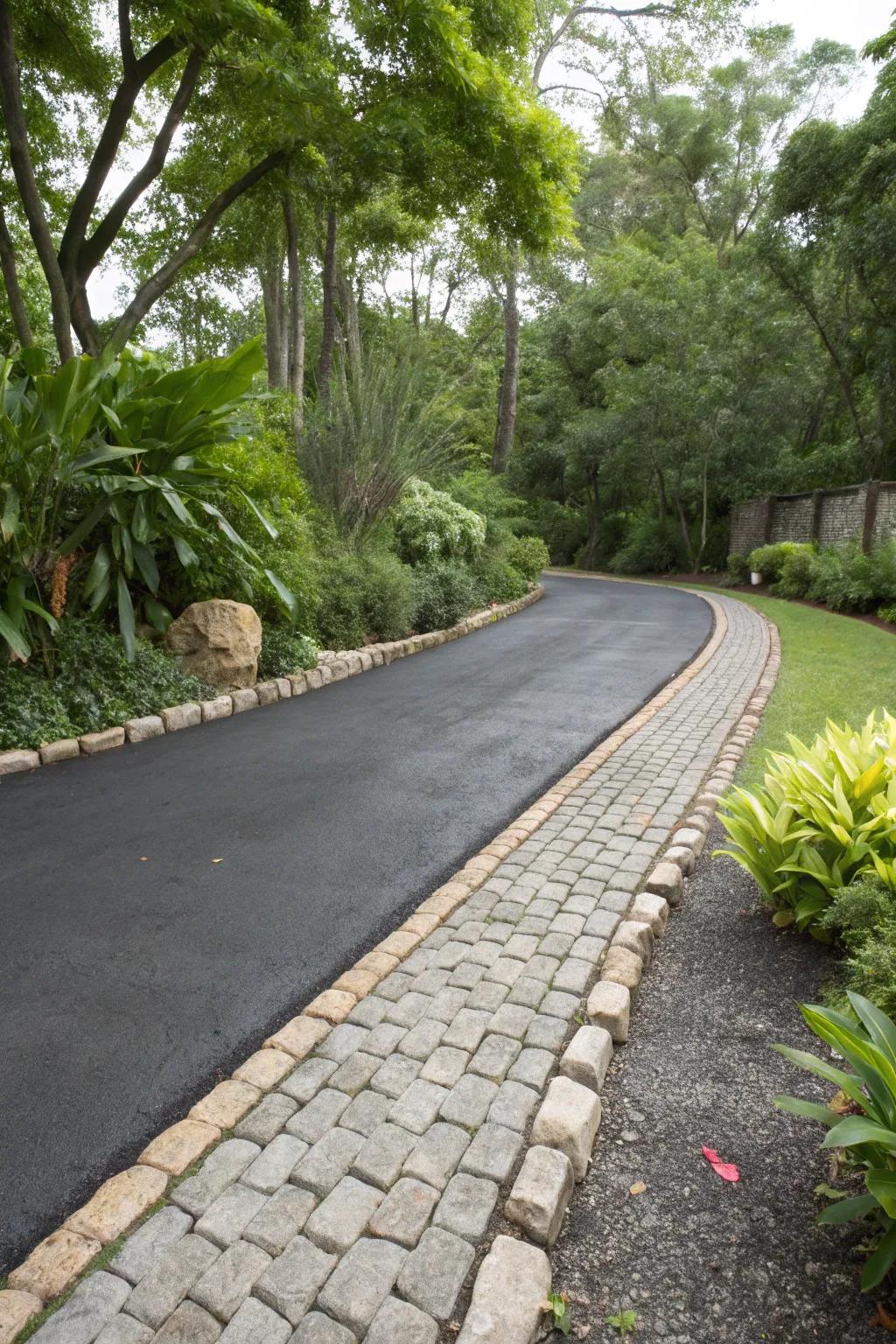 Cobblestone pavers lend a rustic charm to this inviting driveway.