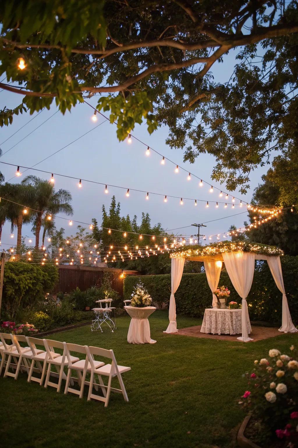 Twinkle beams conjure a magical scene for an evening wedding gathering.