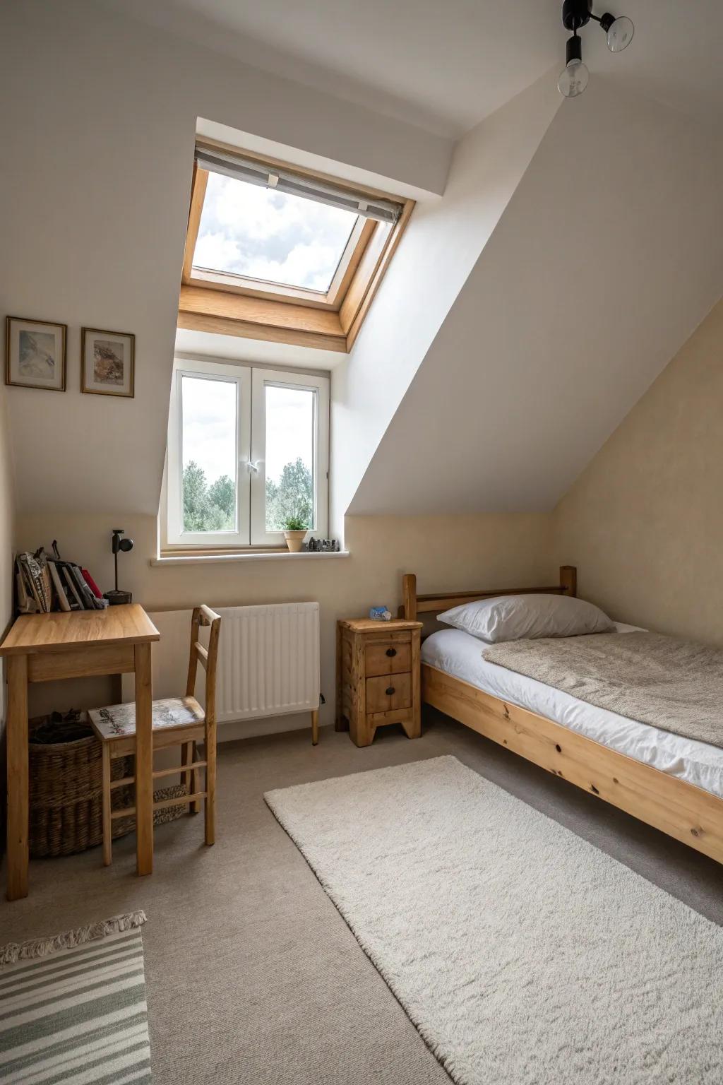 Elegance exists in the simplicity of a minimalist attic bedroom.