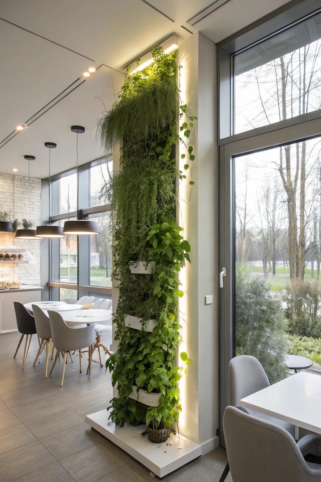 A wall-mounted plant display highlighted by gentle grow lights.