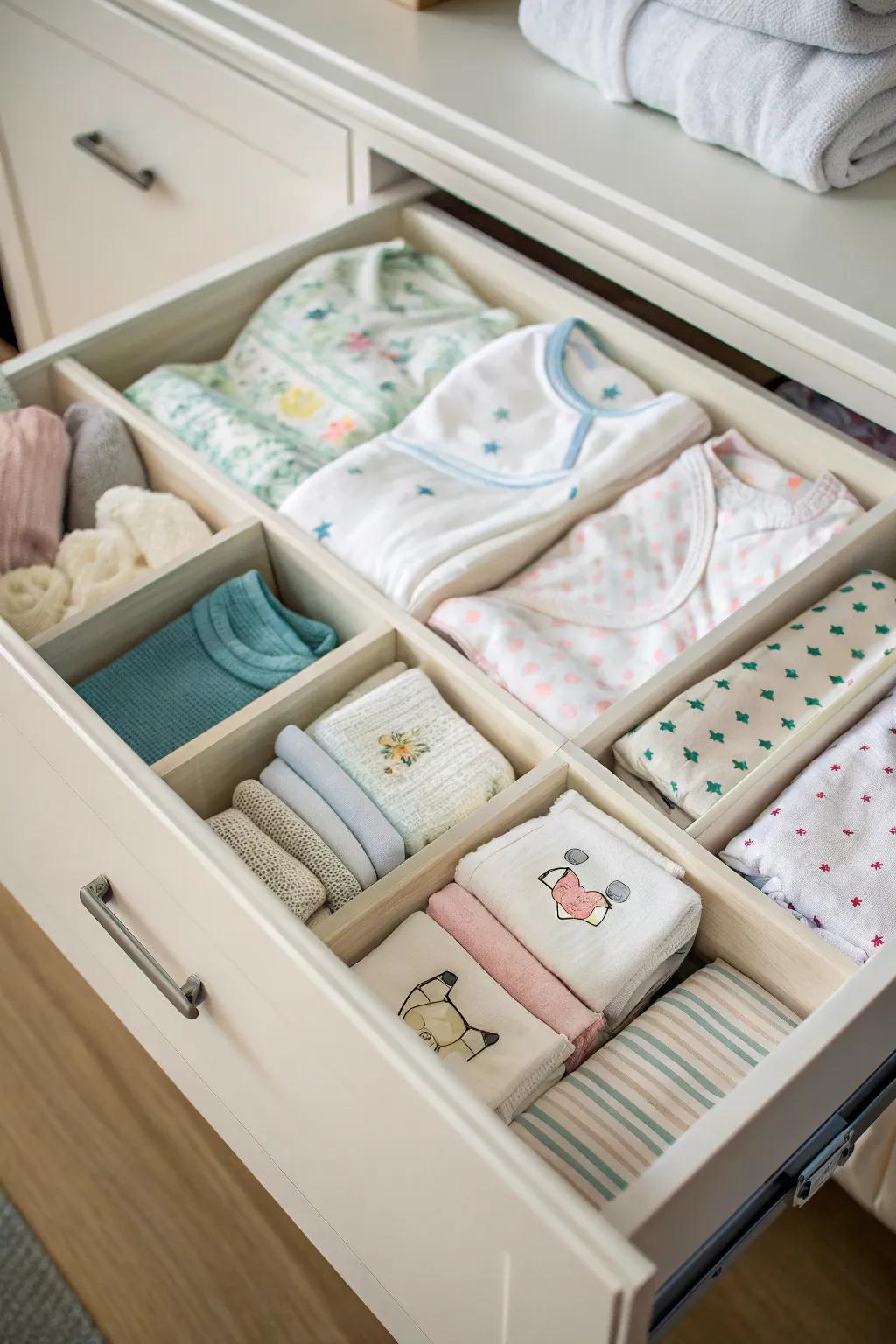 Drawer separators maintain the pristine condition of infant apparel while simultaneously rendering it readily accessible.