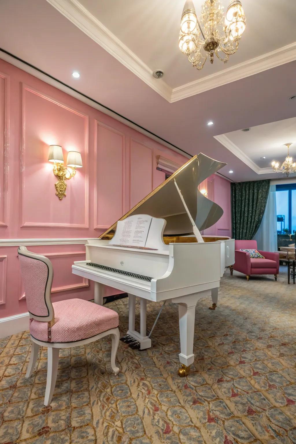 A cohesive shade arrangement unites the petite concert grand within the room.