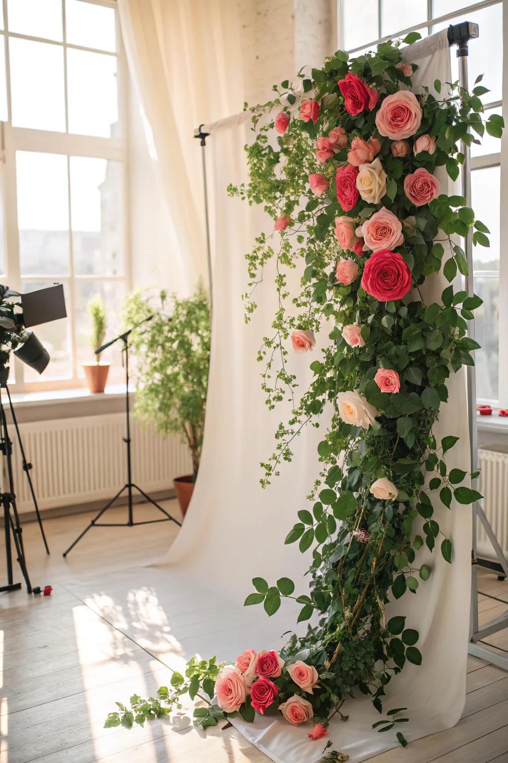 A botanical extravaganza backdrop featuring newly cut roses coupled with verdant foliage.