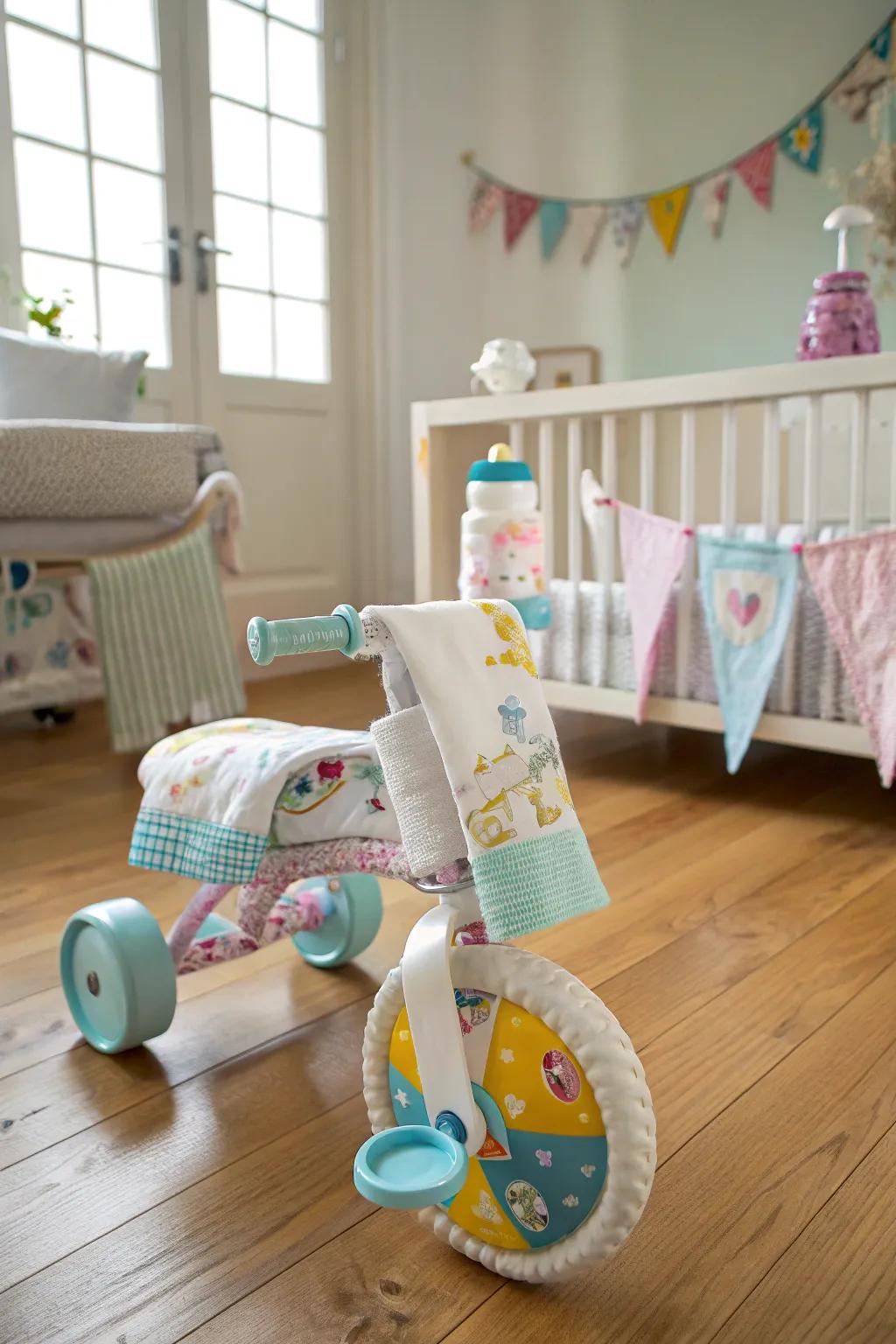 A playful diaper tricycle ready to roll into a baby shower.