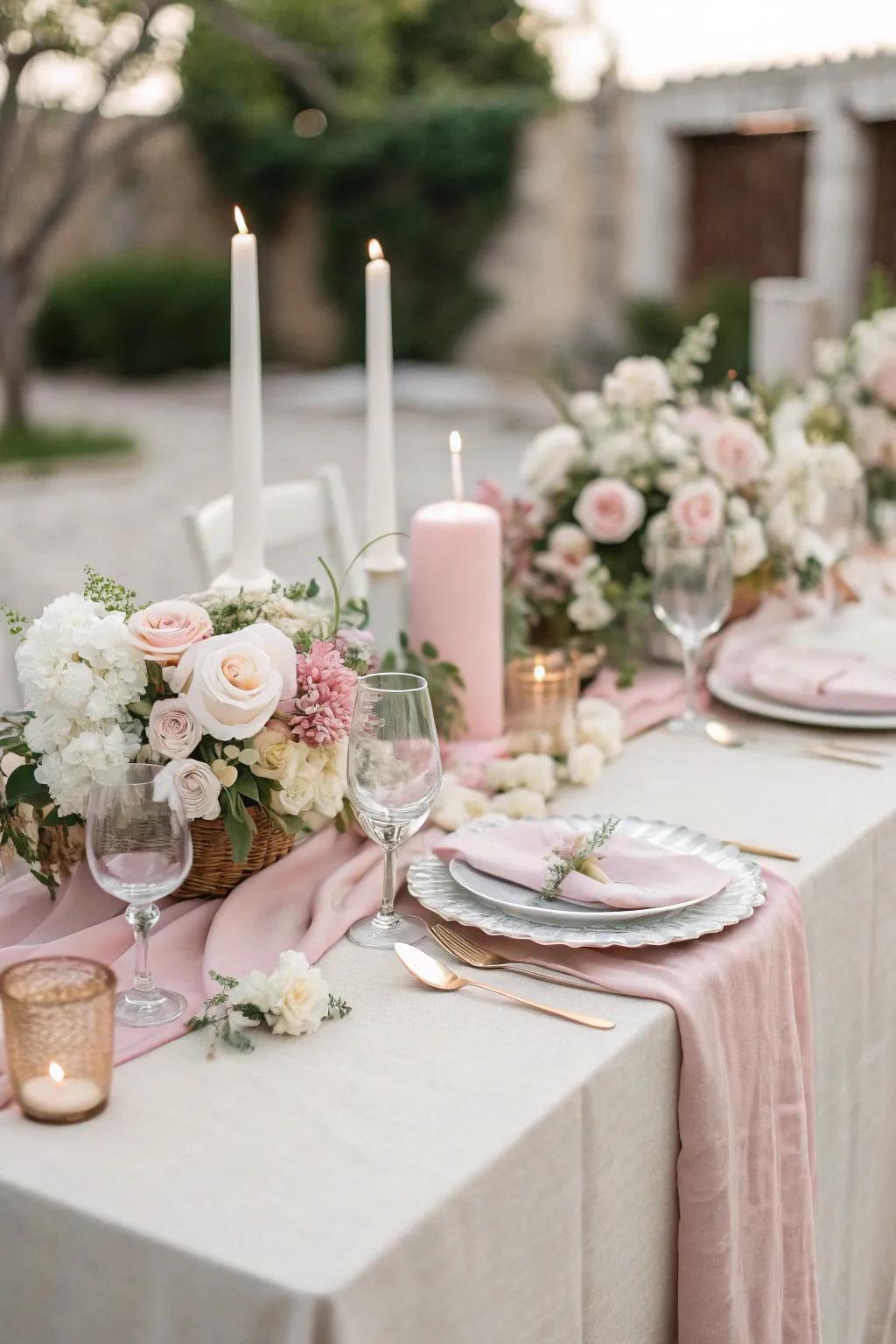 An elegant table arrangement featuring chic linens and floral showpieces.