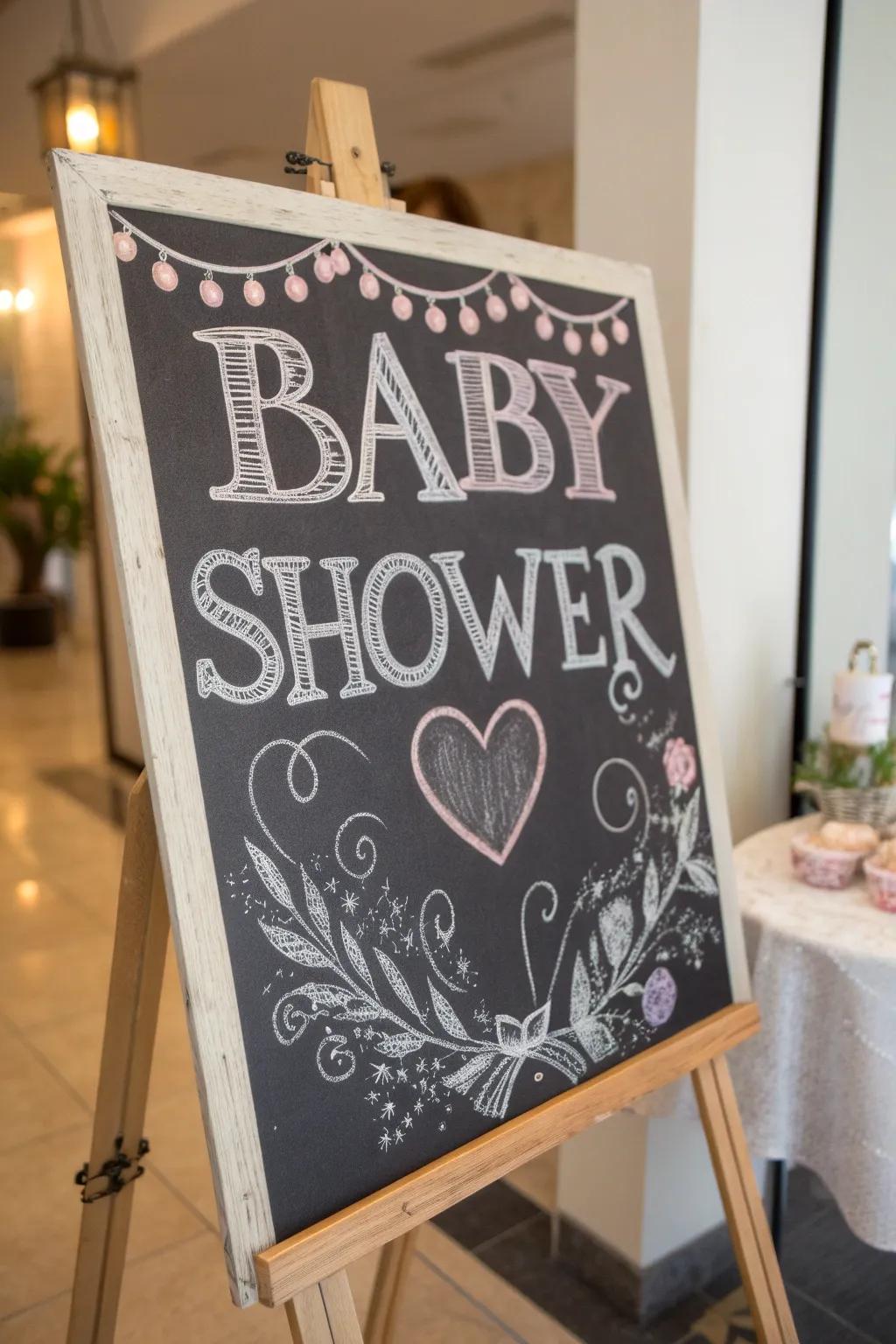Slateboard artistry presents a delightful and adaptable preference for baby showers.