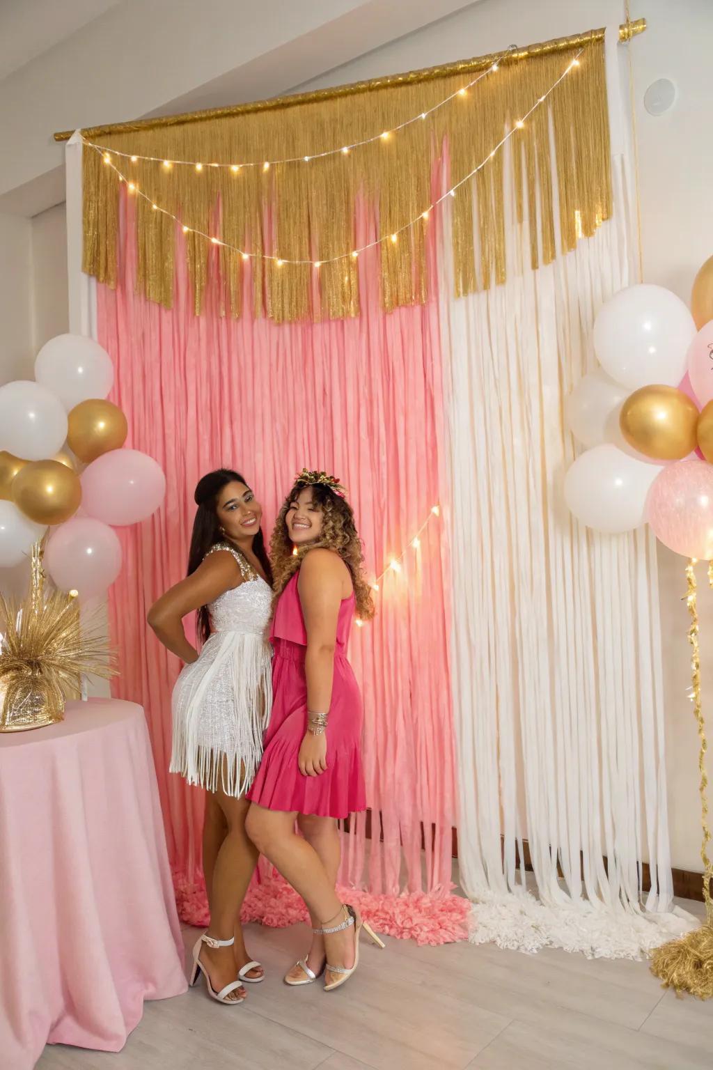A striking tassel backdrop in rose, gold, and alabaster.