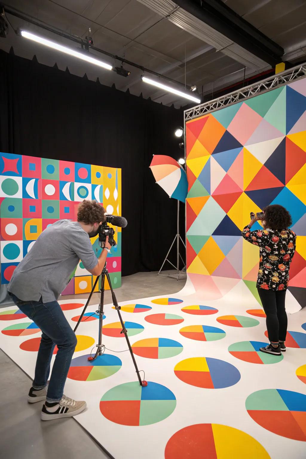 A studio adorned with a daring geometric composition as a backdrop, complemented by lively ornamental highlights.