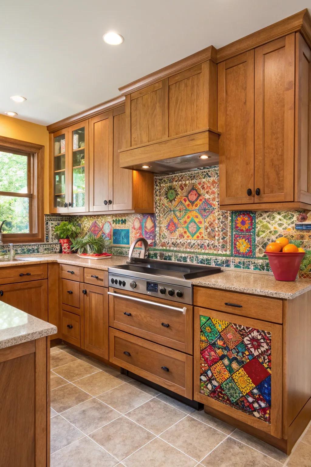 A bold mosaic design contributes a colorful accent to maple cabinets.