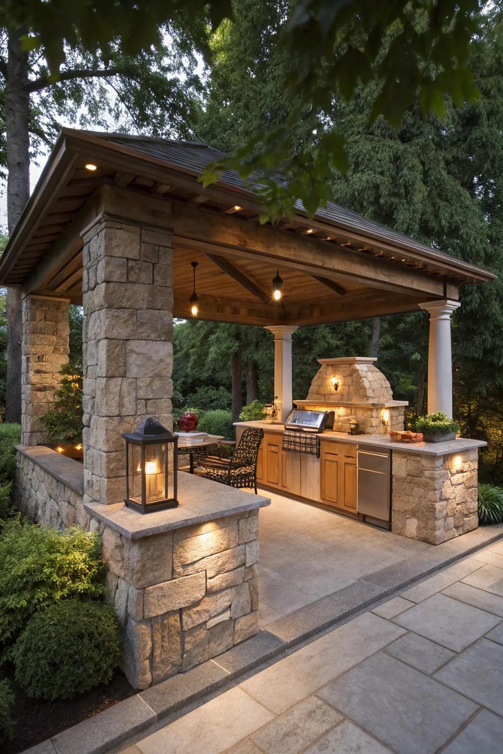 A stone pavilion guarantees lasting durability and traditional style for your outdoor kitchen.