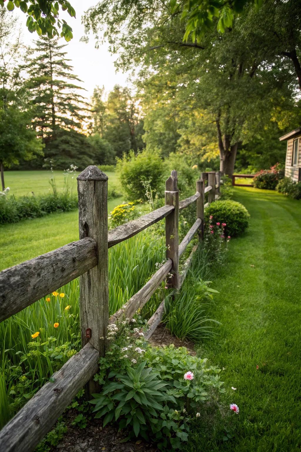 A down-to-earth timber pillar and beam fence adds countryside allure.