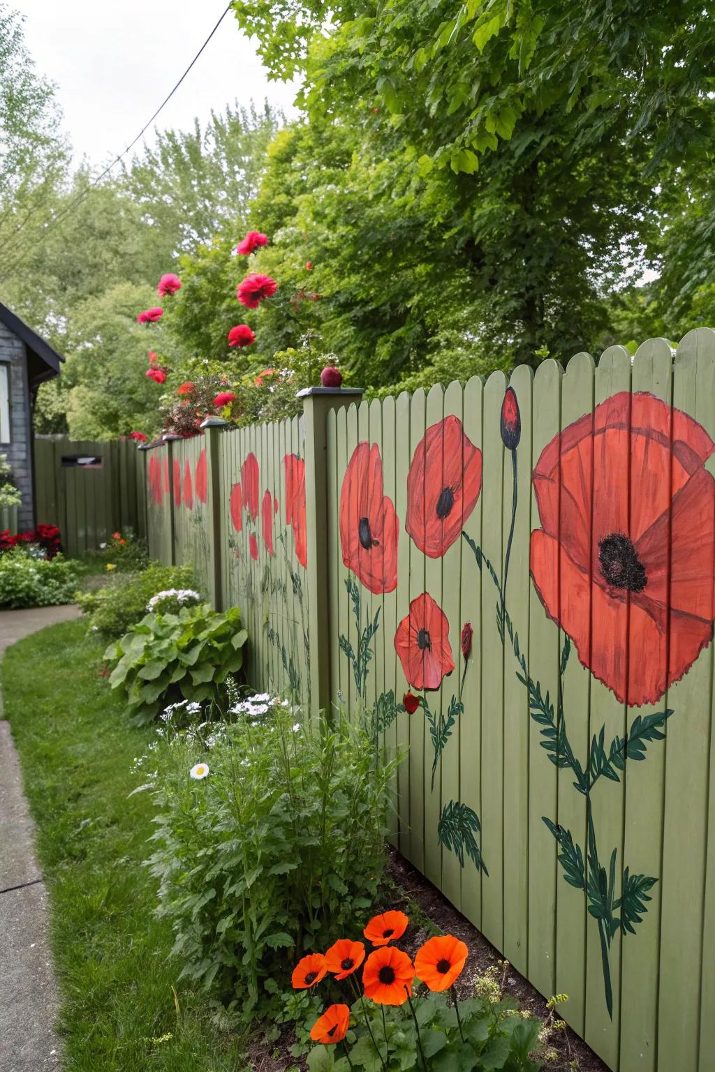 Poppies painted on a fence infuse a bold, artistic expression.