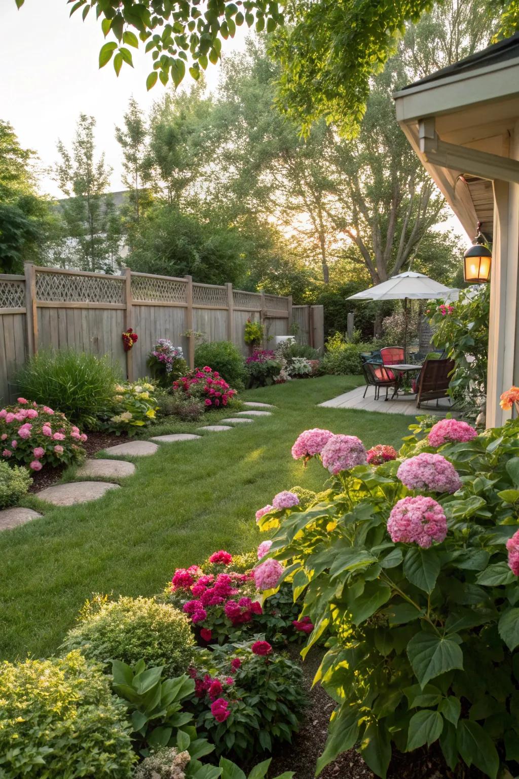 Lush foliage and blossoms contribute to a lively backyard