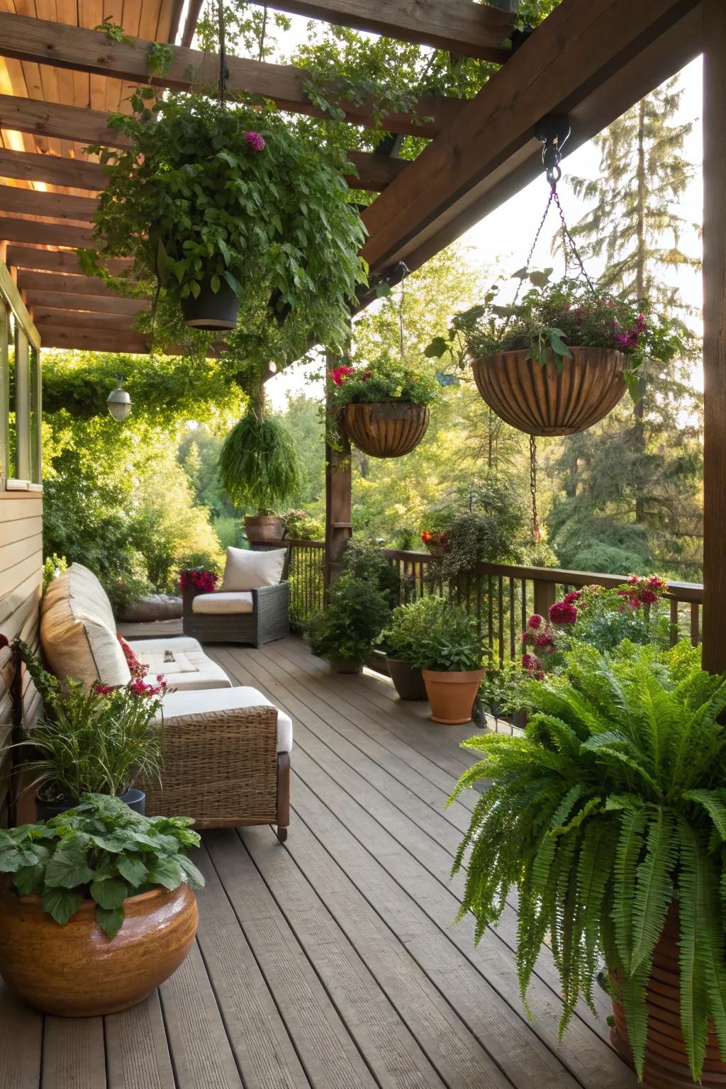 Organic-inspired ornamentation, featuring exuberant botanical life, enriches a patio.