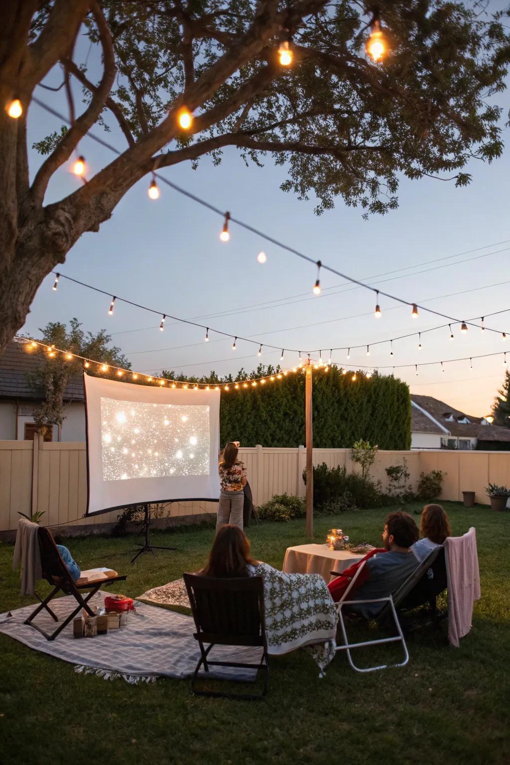 String lights introduce an element of wonder to your backyard movie setup.