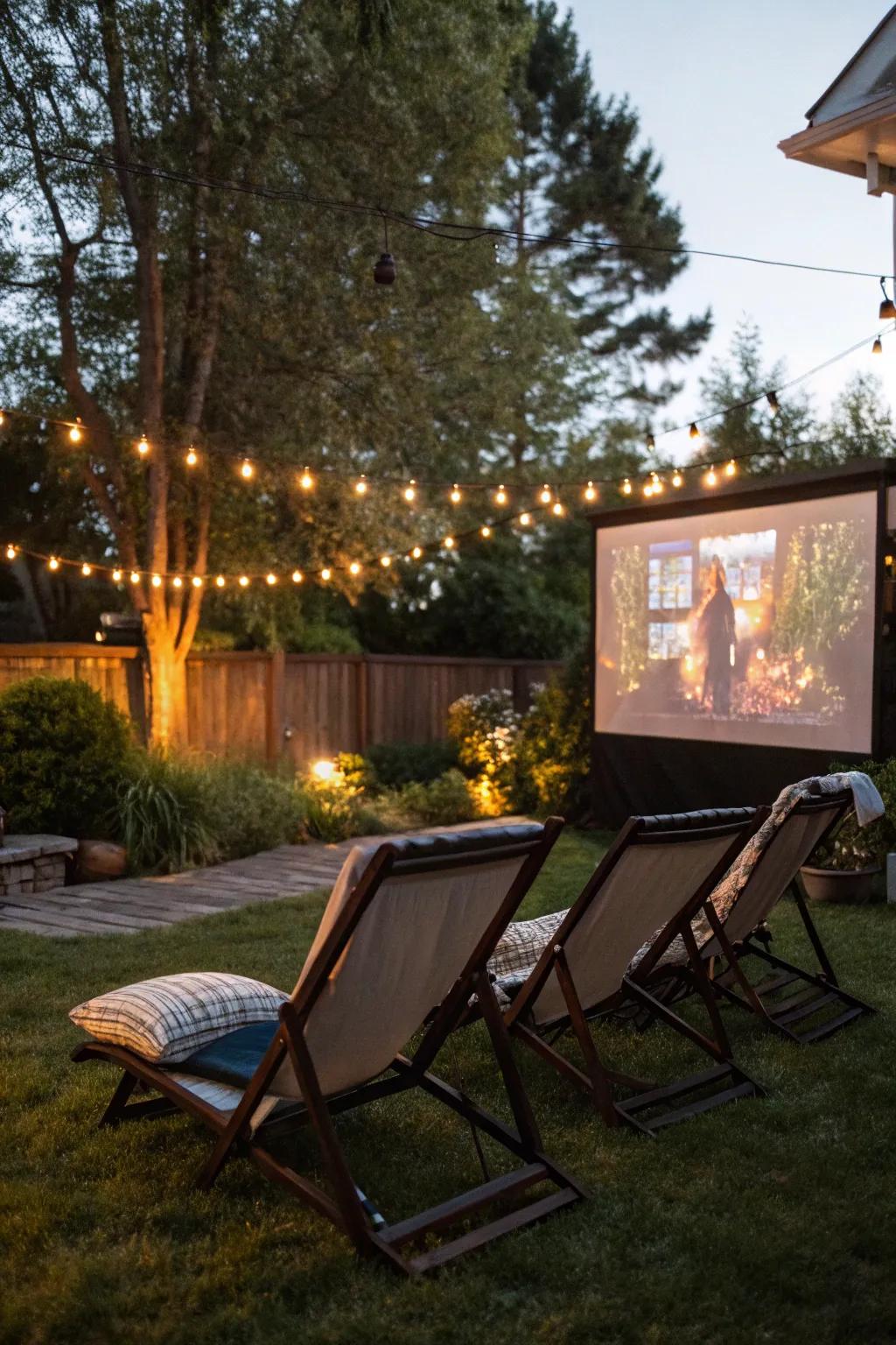 Reclining garden seats provide comfort accented with sophistication for your cinematic gathering.