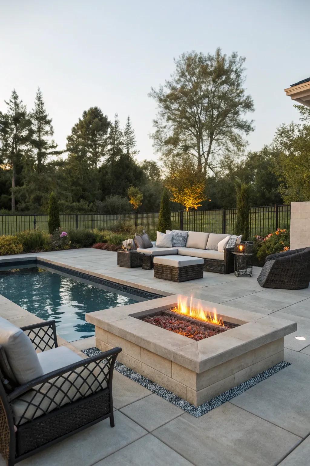 Warm up your nights with a stylish poolside fire pit.