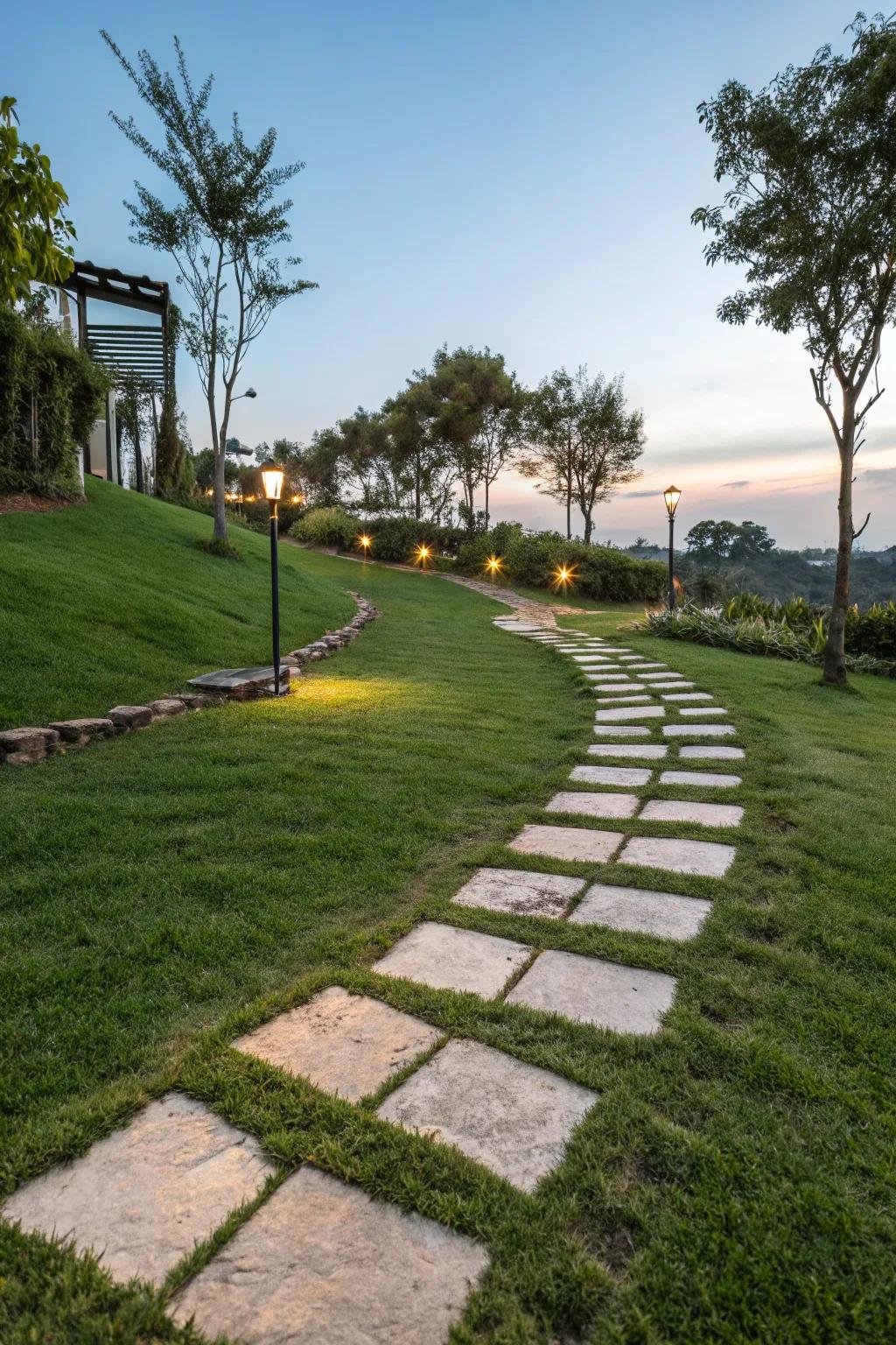 Geometric patterns lend a modern sophistication to garden paths.