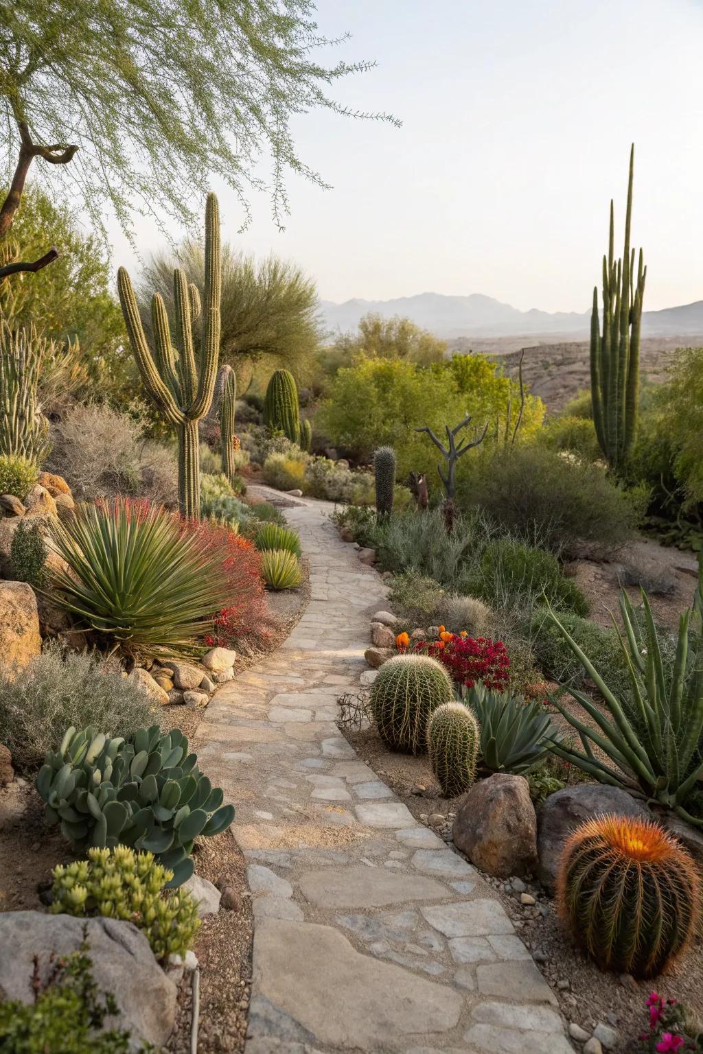 A backyard trail featuring an assortment of succulents and desert foliage.