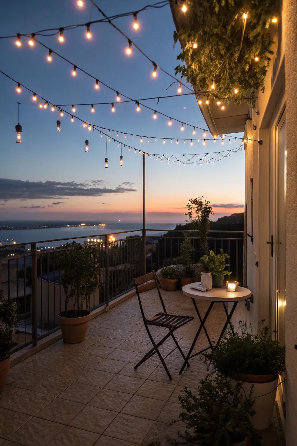 Twinkling lights introduce a dreamy element and a cozy radiance to your balcony.