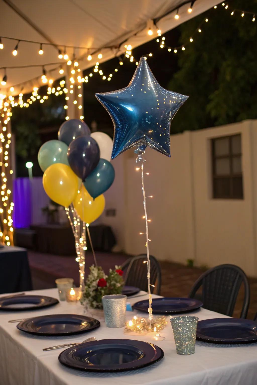 A starry night-themed balloon centerpiece captivates the audience.